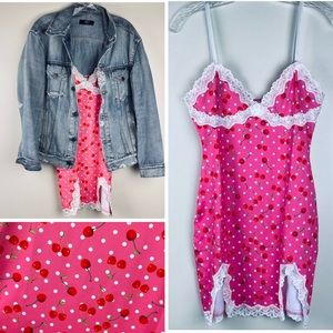 Polka Dot and Cherries Lace Slip Dress or Gown- Hot Pink & White- Juniors L